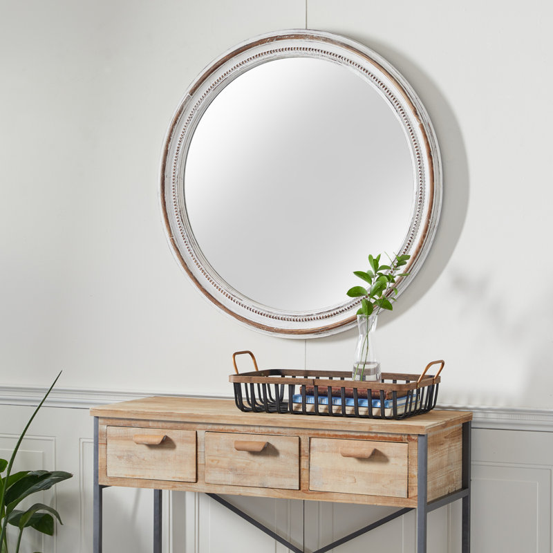 August Grove® Large Round Wood Wall Mirror With Carved Beading Detail